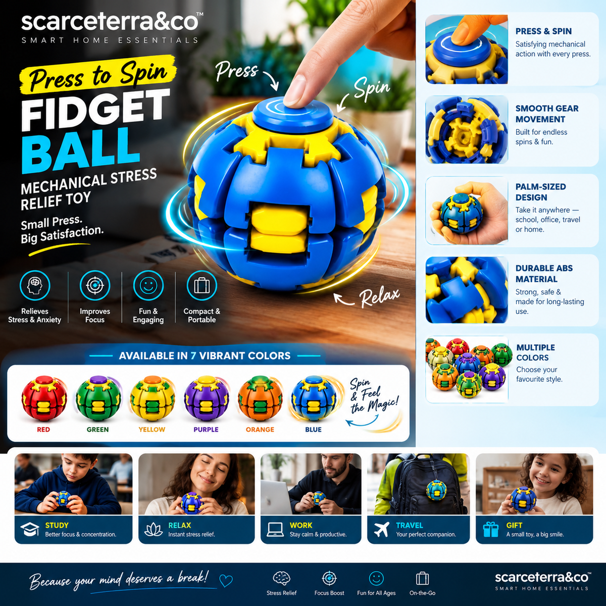 Press to Spin Fidget Ball — Mechanical Stress Relief Toy for Kids & Adults
